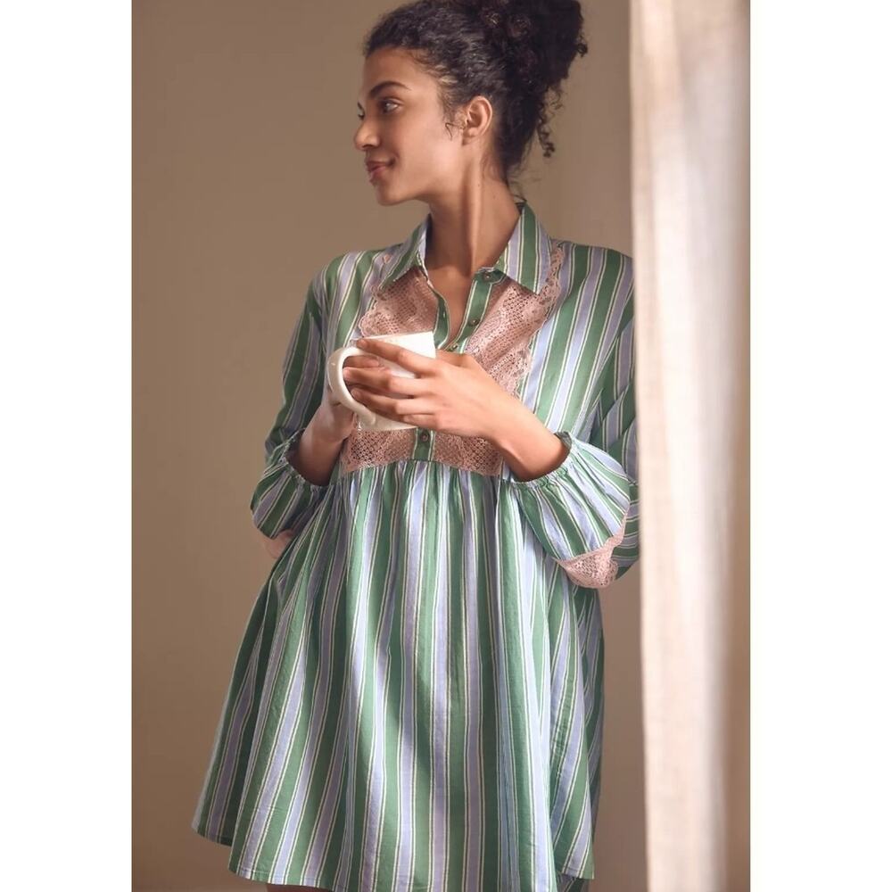 By Anthropologie Long-Sleeve Lace-Inset Swing Mini Dress Green Striped Size Med